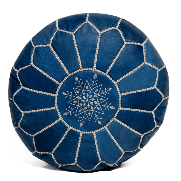 פוף עור כחול רקמה בז - עיצוב בסגנון מרוקאי